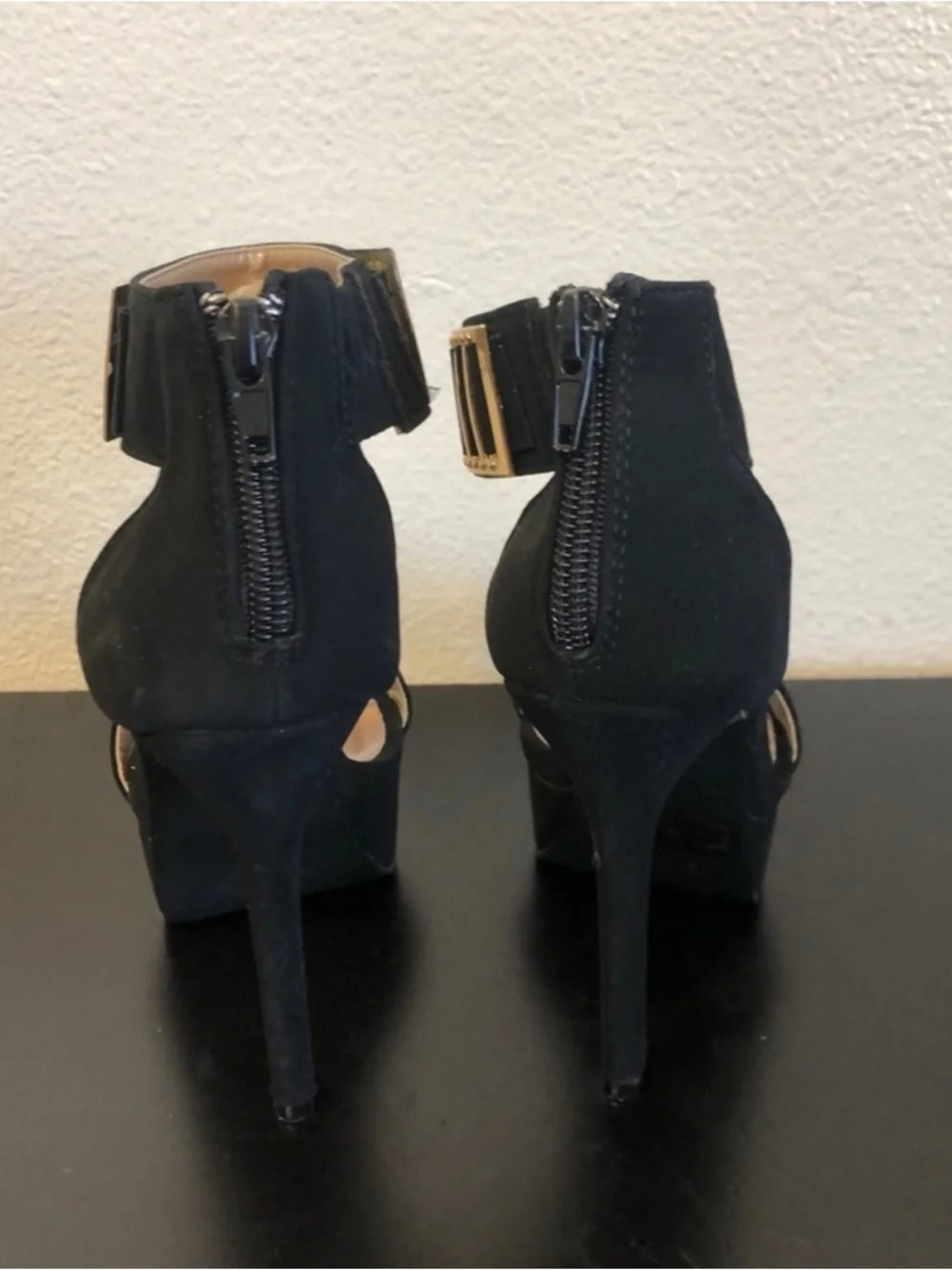 Women's Black Platform High Heel Sandals with Gold Accent Ankle Strap